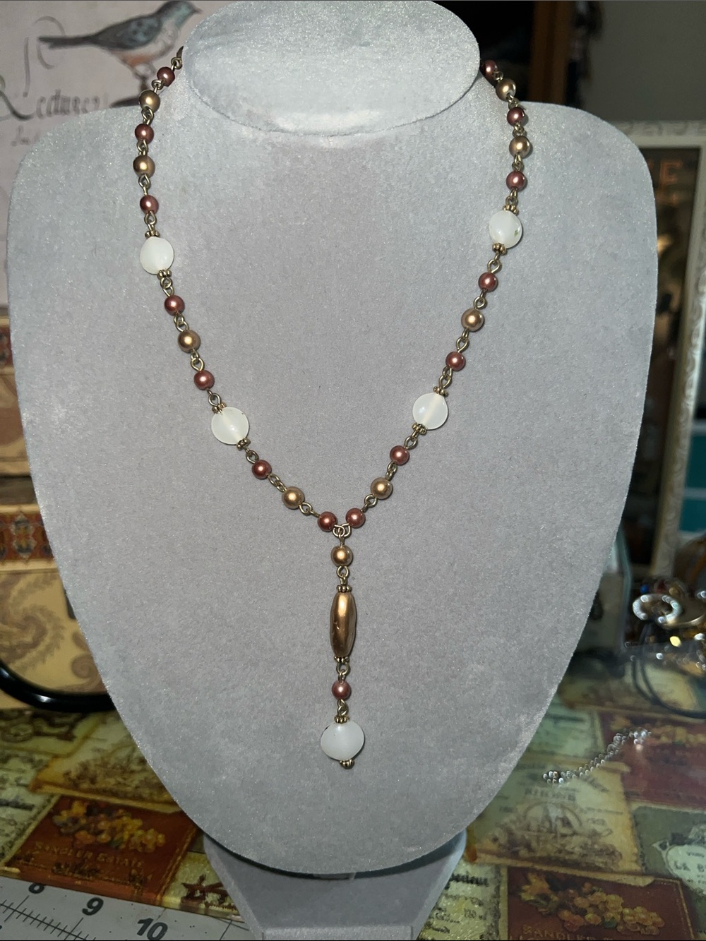 Beaded Pearl Drop Necklace in Brown and White
